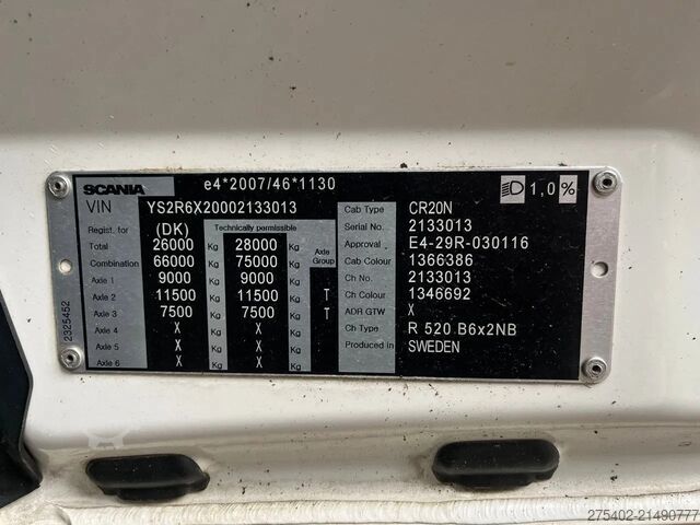 캡이 있는 섀시 Scania R520 V8 NGS 6X2/ FULL AIR/ CHASSIS / PTO-EG661F
