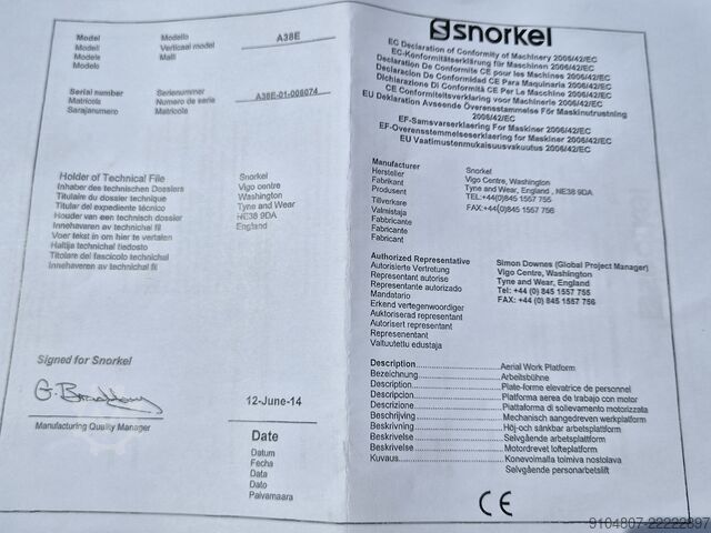Plataforma de trabalho telescópica Snorkel A38E, Year 2014, 13.5m Workingheight