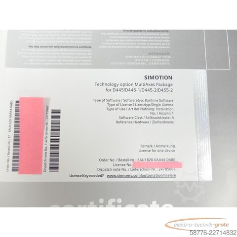 Component Siemens certificate 6AU1820-0AA44-0AB0 for D445/D445-1/D445-2/D455-2 ung.