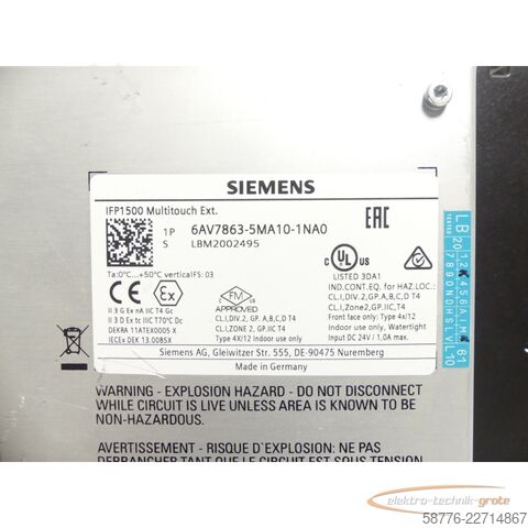 عنصر Siemens IFP1500 Multitouch Ext. 6AV7863-5MA10-1NA0 SN: LBM2002495 --