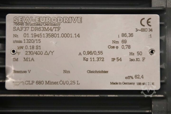 Geared motor 0.55 kW 55 rpm SEW-Eurodrive SAF 37 DR63M4/TF