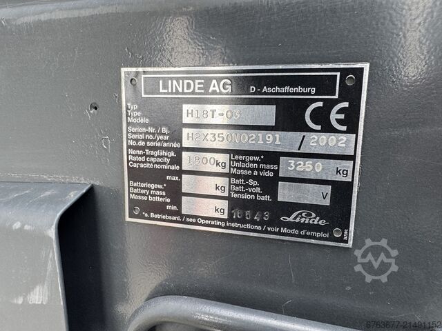Linde H18T-03 trojitý stožiar 545 voľný zdvih bočný posuv 2002 6800 hodín LPG LINDE H18T-03 triplo 545 freelift sideshift 2002 6800uur LPG