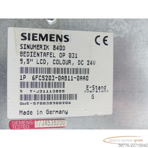 Komponent Siemens Sinumerik 840D 6FC5203-0AB11-0AA0 Bedientafel E: G SN: T-J31113855