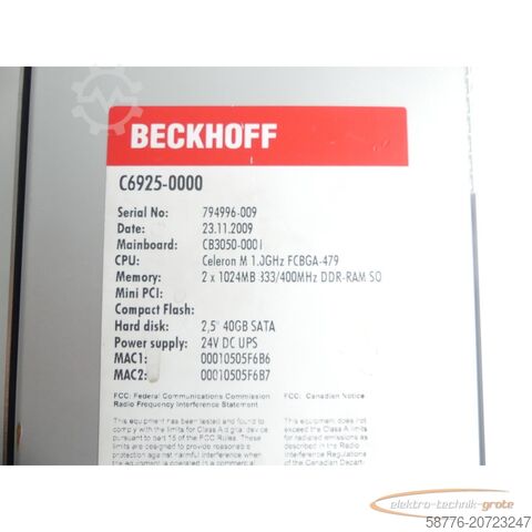Beckhoff component Beckhoff C6925-000 Power Supply SN: 794996-009