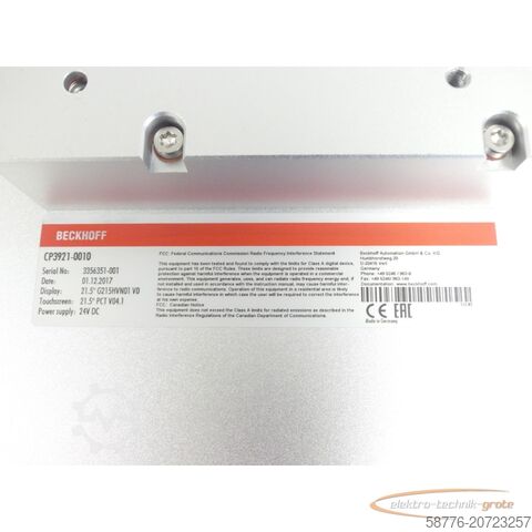 Beckhoff component Beckhoff CP3921-0010 Multitouch-Control-Panel 21,5" SN:3356351-001
