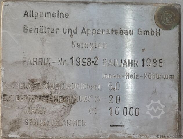 10 000 litran eristetty paineastia, Aisi 304 ABAB Allgemeine Behälter- u. Apparate Bau 7181