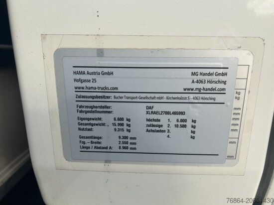 Flaklastbil med kapell DAF LF 260 16 TONNER PLANE MIT LBW, AUTOMATIK, E6