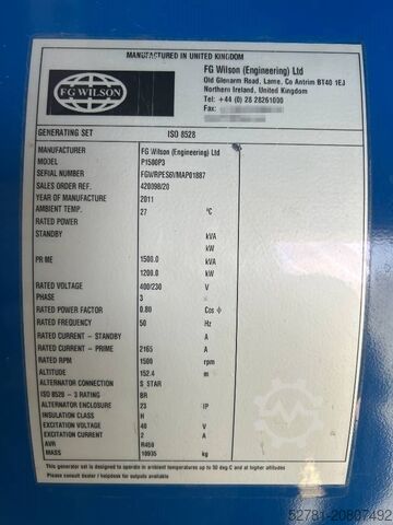 Agregado FG Wilson P1500P3 - 1.650 kVA Generator - DPX-12628