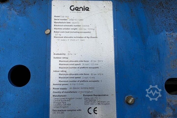 Sakselevator Genie GS1932 Electric, Working Height 7.8 m, 227kg Capac
