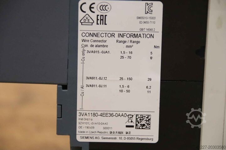 Strāvas slēdzis Siemens 3VA1180-4EE36-OAAO