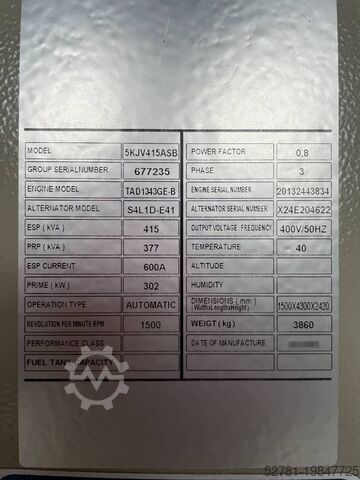 รวม Volvo TAD1343GE-B - 415 kVA Generator - DPX-18879