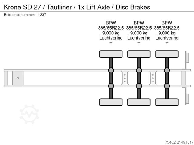 Gomuar rrëshqitës Krone SD 27 / Tautliner / 1x Lift Axle / Disc Brakes