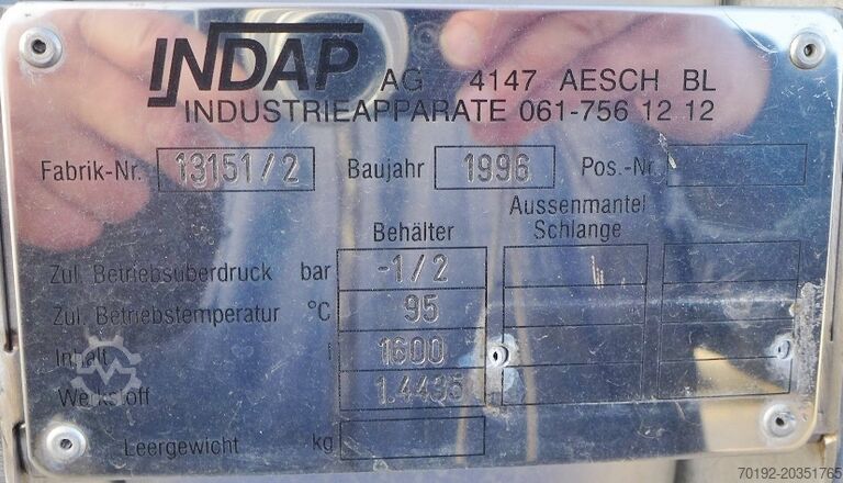 1600 liter insulated pressure tank, Aisi 316 INDAP Industrieapparate 9049