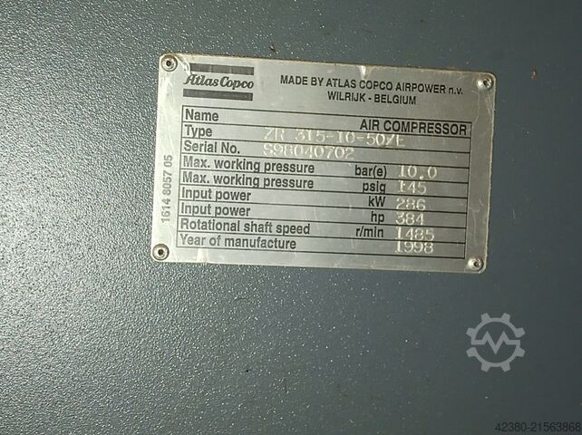 Гвинтовий компресор Гвинтовий нагнітач Atlas Copco 6000V ZR 315-10-50/E
