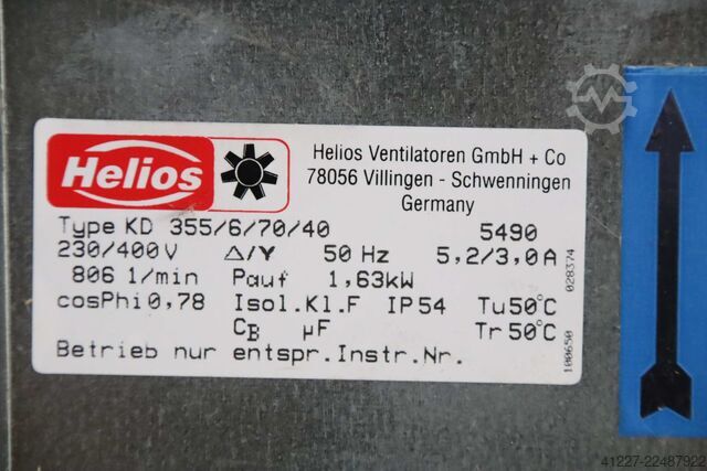 Ventilator kanali 1,631 kW 806 rrotullime/min Helios KD 355/6/70/40